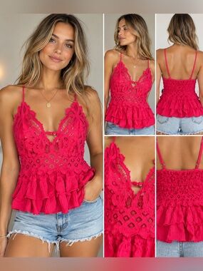 Free People FP One Lace Crochet Ruffle Cami Pink Boho Festival XS